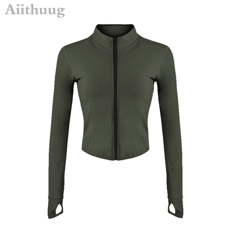 Acheter long-sleeve-green Aiithuug Full Zip-up Yoga Top Workout Running Jackets with Thumb Holes for women