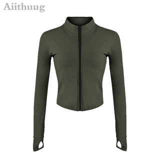 Buy long-sleeve-green Aiithuug Full Zip-up Yoga Top Workout Running Jackets with Thumb Holes for women