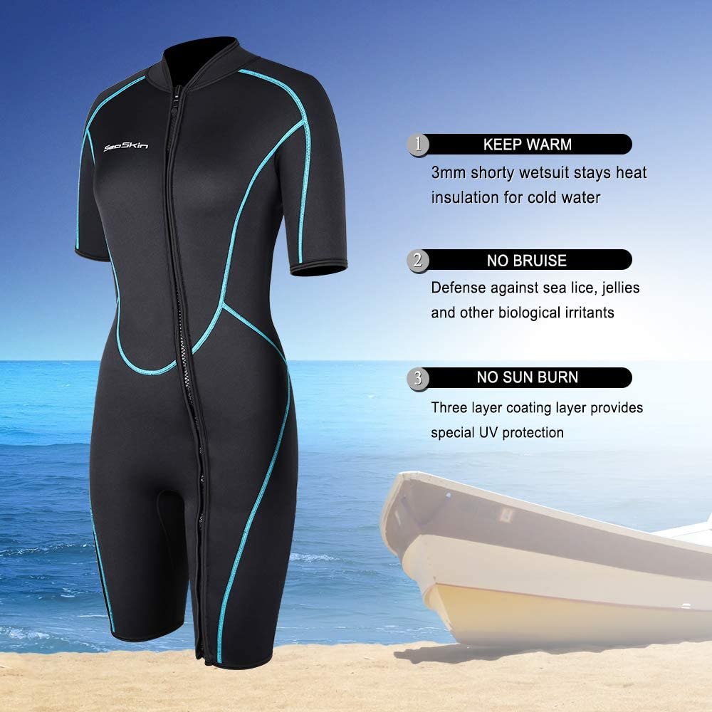 Women&#39;s 3mm Neoprene Shorty Wetsuit Short Sleeve Front Zip Diving Suit Snorkeling Surfing Swimming Swimwear One Piece Swimsuit-3