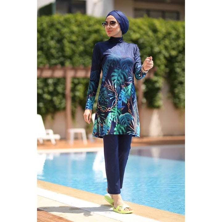 3 Pcs Long Sleeves Muslim Swimwear Maple Leaf Printing Islamic Clothes Hijab Sport Swimsuit Burkinis 