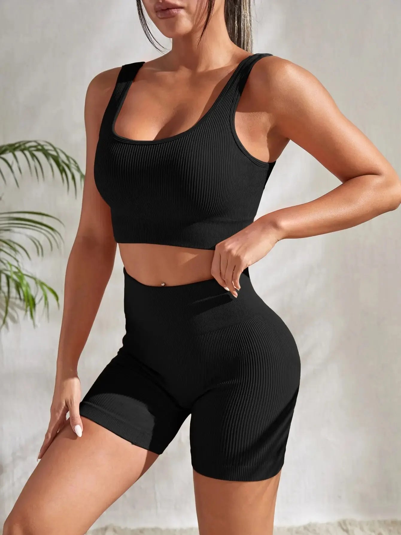 2 Pieces Seamless Ribbed Yoga Sets for Women Crop Tank High Waist Shorts 