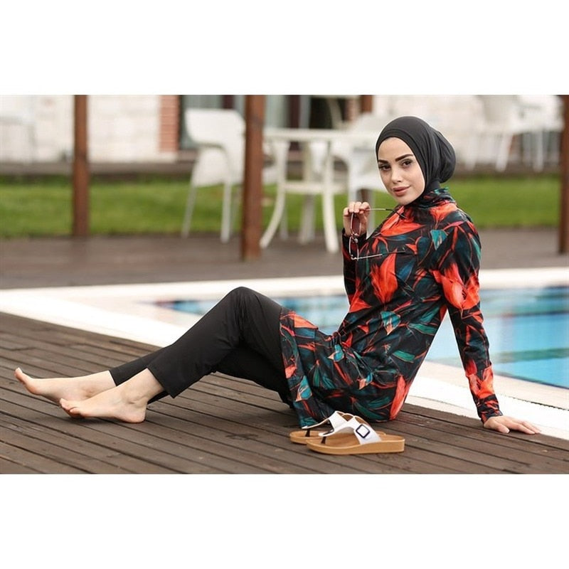 3 Pcs Long Sleeves Muslim Swimwear Maple Leaf Printing Islamic Clothes Hijab Sport Swimsuit Burkinis 