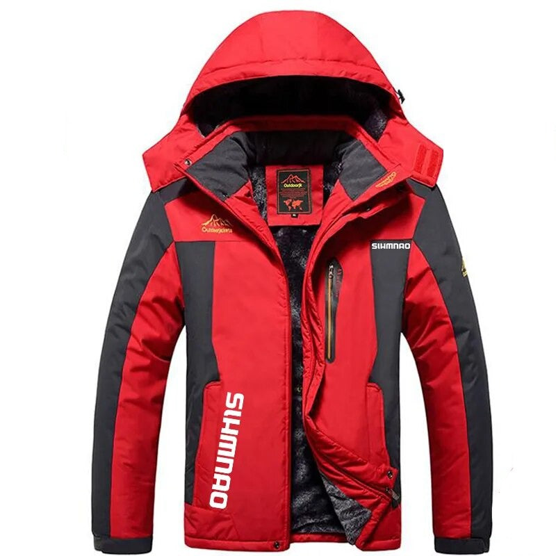 Cashmere Warm and Thickened Parker Outdoor Waterproof Hooded Jacket for Men red