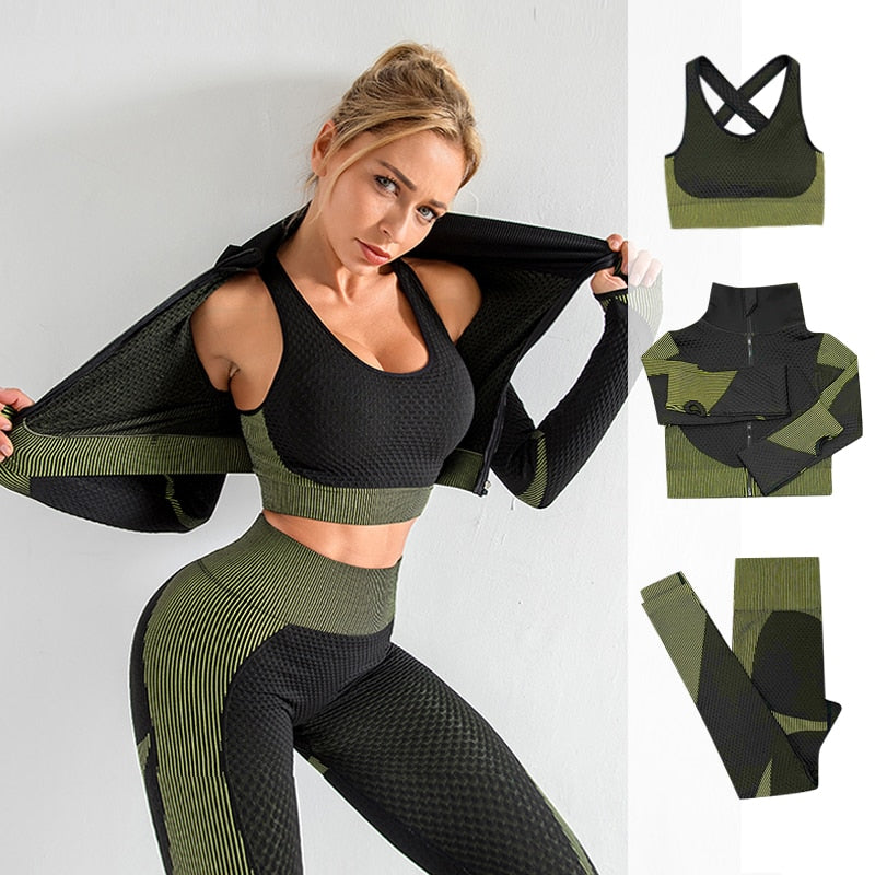 2/3PCS Seamless Women Yoga Set Workout Sportswear Gym Clothing Fitness Long Sleeve Crop Top High Waist Leggings Sports Suits