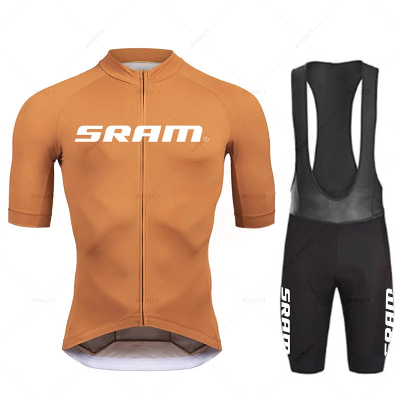Sram Pro Cycling Jersey Sets for Men Bib Shorts Bicycle Short Sleeve orange jersey 
