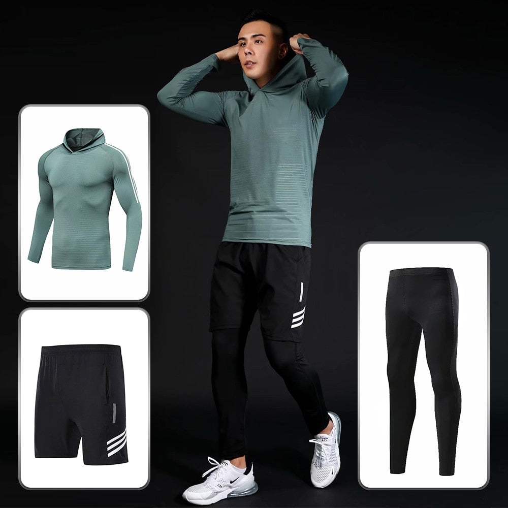 Buy 3-piece-set-green 2 pc Compression Quick Drying Spandex Sport &amp; Running Suits for Men