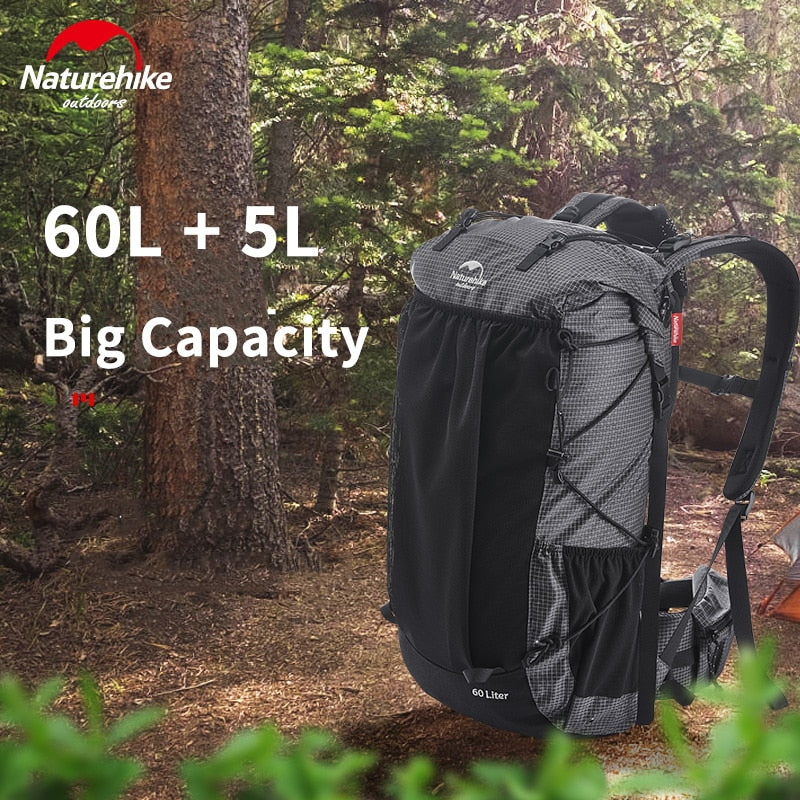 Naturehike 60L+5L Camping Backpack 1.16kg High Capacity 15kg Load Camping Backpack Tear-Risistant Hiking Backpack Waterproof