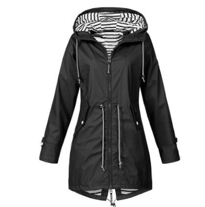 Acheter black Solid Colour Waterproof and Windproof Hooded Raincoat for Women