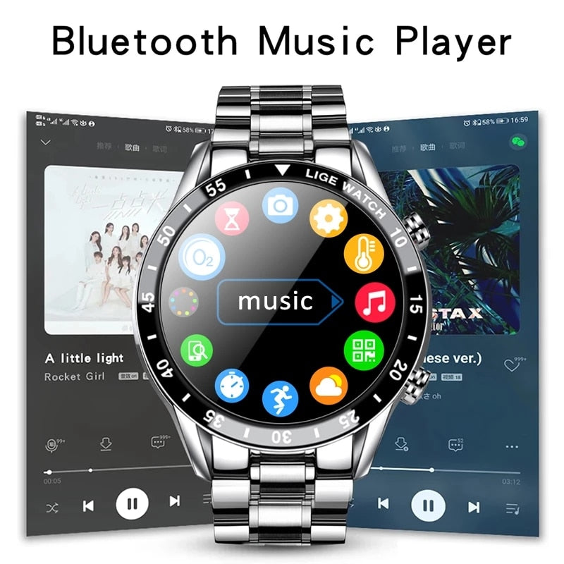 LIGE 2022 Full Circle Touch Screen Steel Band Luxury Bluetooth Call 