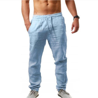 Buy sky-blue Linen effect Casual Pants Loose Lightweight Drawstring Yoga/ Beach Trousers for men