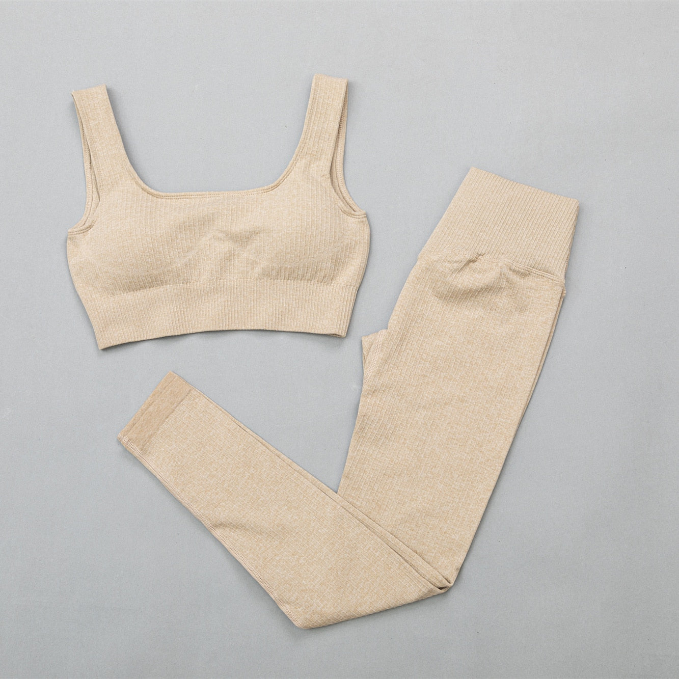 Buy bra-pants-khaki 2 Pc Seamless Yoga and Sports Set  Long Sleeve Crop Top &amp; High Waist Leggings