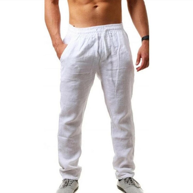 Comprar white Linen effect Casual Pants Loose Lightweight Drawstring Yoga/ Beach Trousers for men