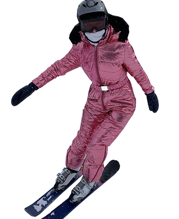 New Shiny Silver Gold One-Piece Ski Suit Women Winter Windproof Skiing