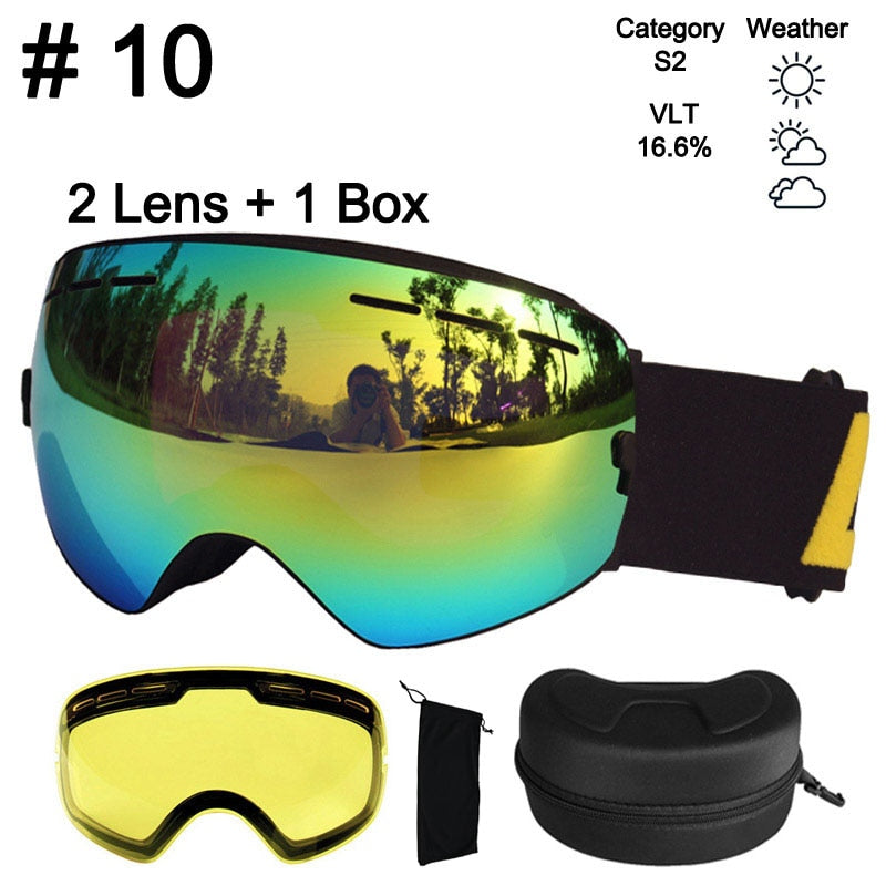 LOCLE Anti-fog Ski Goggles UV400 Ski Glasses Double Layers Skiing Snowboard Snow Goggles Ski Eyewear With One Brightening Lens