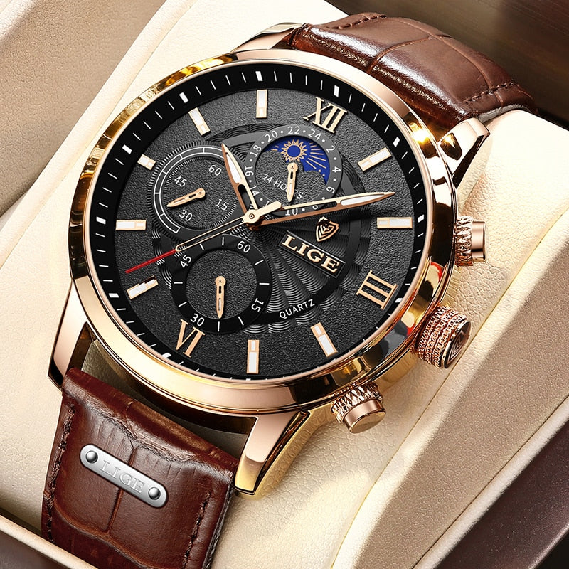 Top Brand Luxury Men Wrist Watch Leather Quartz for men LIGE Watches