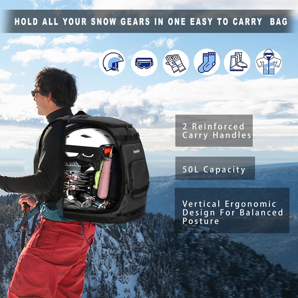 Ski Backpack 50L High-Capacity Nylon Waterproof Bag Wear-Resistant Can Be Installed Ski Boots,Helmets Goggles Clothing ski board