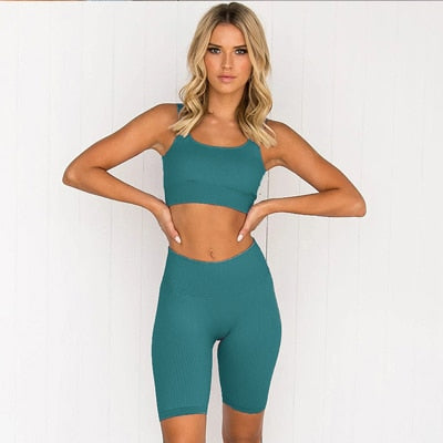 Seamless Yoga 2pc Ribbed Set of Shorts and Sports Bra of Various Colours
