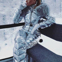 New Shiny Silver Gold One-Piece Ski Suit Women Winter Windproof Skiing