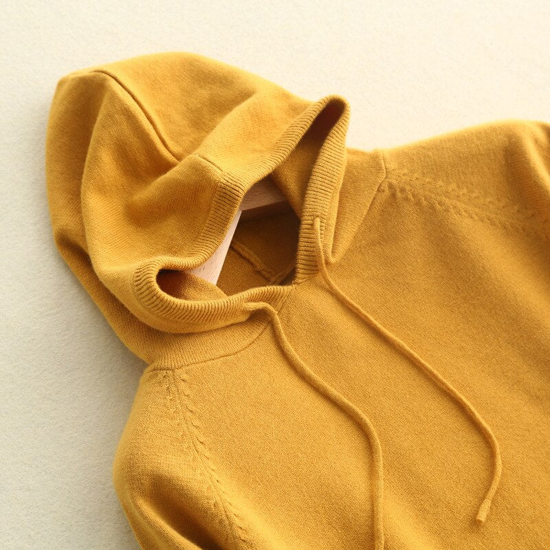 Buy yellow Woollen Long-Sleeve Pullover Loose-Fit Hoodie  for Women
