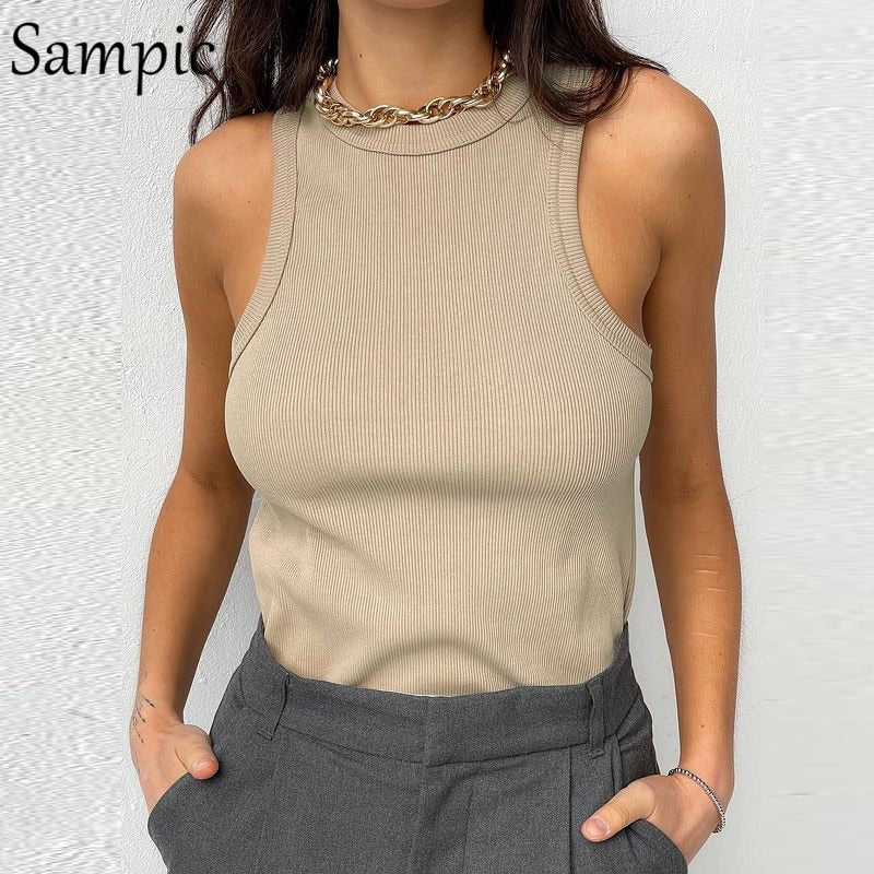 Sampic Knitted Summer Ribber Sleevless T Shirt Tops Women Casual Khaki