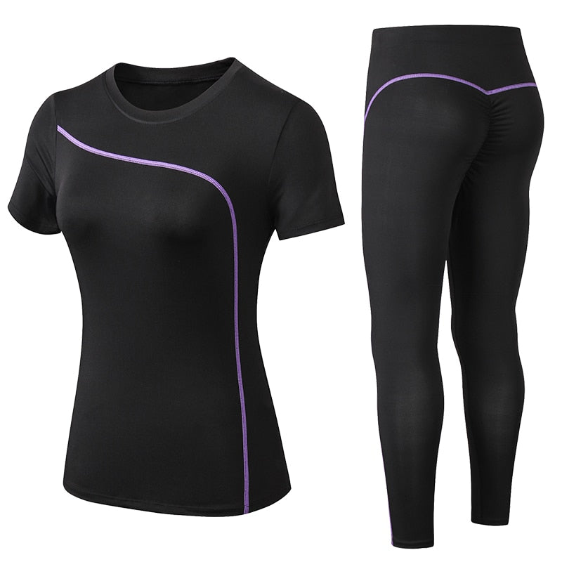 Acheter purple 2 Piece Yoga Set Quick Dry Short-sleeved long Pants combo