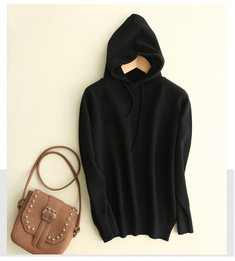 Buy black Woollen Long-Sleeve Pullover Loose-Fit Hoodie  for Women