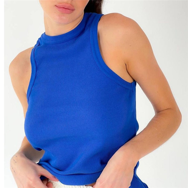 Sampic Knitted Summer Ribber Sleevless T Shirt Tops Women Casual Khaki
