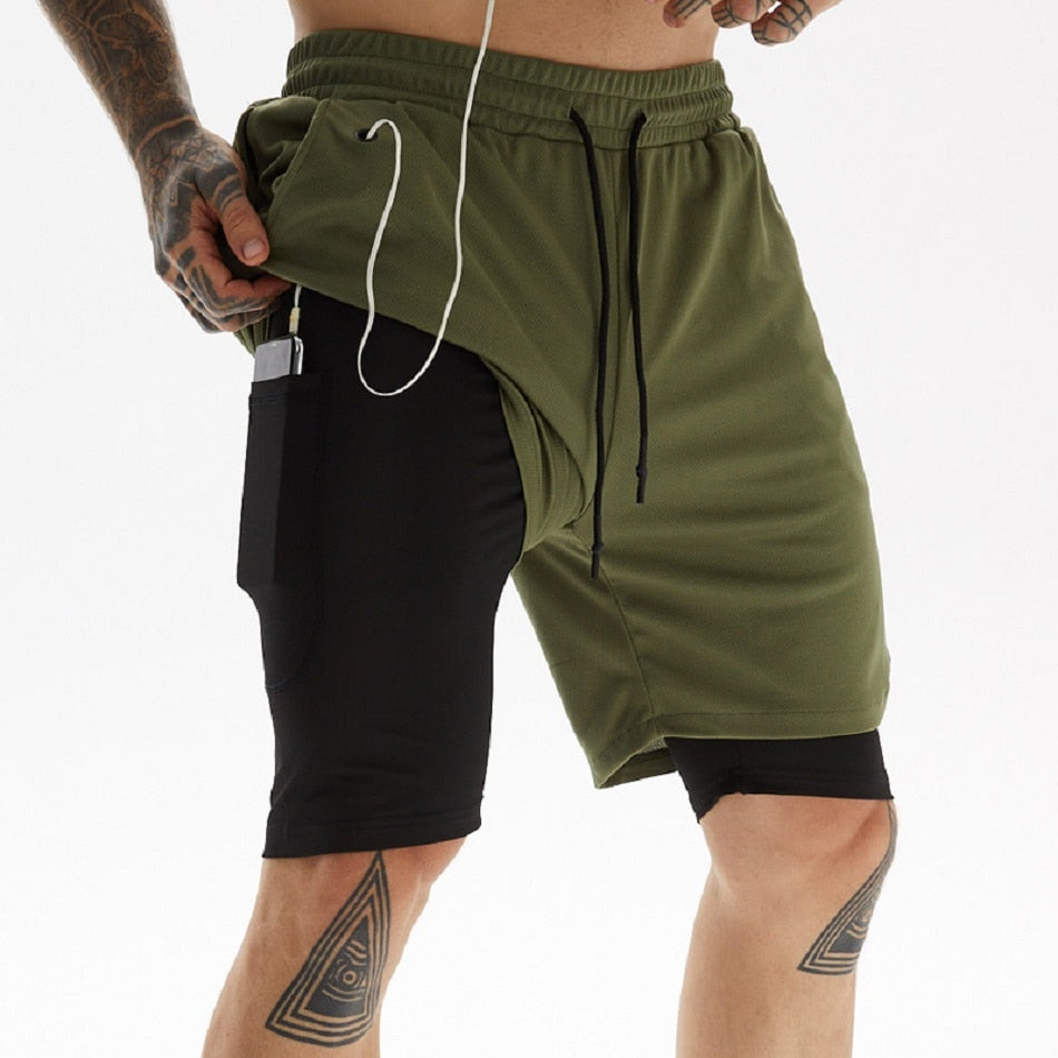 Buy army-green 2 in 1 Training Shorts for Men double layer gym shorts