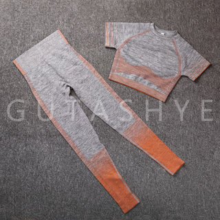 Buy set-orange 2pc Yoga Sets composed of Short Sleeve - high tummy top and High Waist Sport Leggings