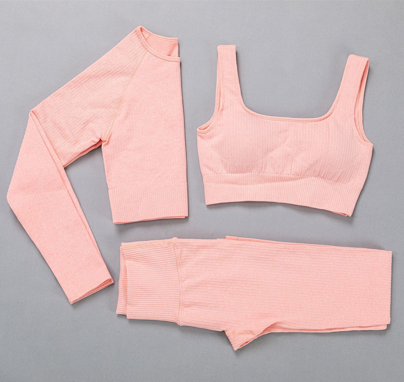 Buy 3pcs-pink 2 Pc Seamless Yoga and Sports Set  Long Sleeve Crop Top &amp; High Waist Leggings