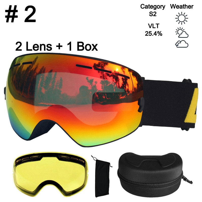 LOCLE Anti-fog Ski Goggles UV400 Ski Glasses Double Layers Skiing Snowboard Snow Goggles Ski Eyewear With One Brightening Lens - 0