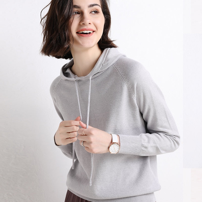 Buy gray Woollen Long-Sleeve Pullover Loose-Fit Hoodie  for Women
