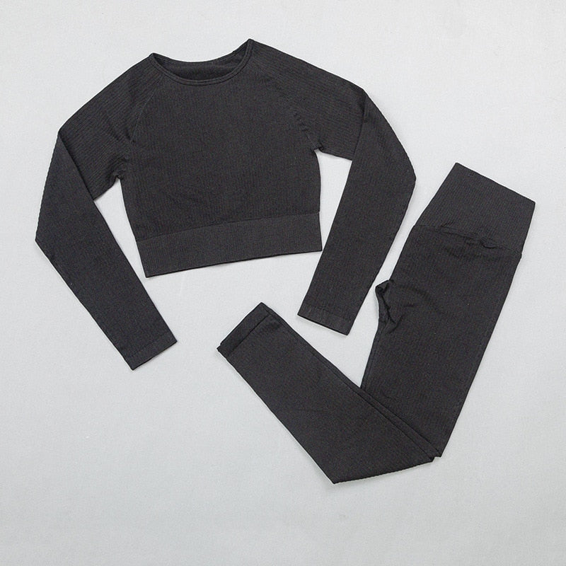 Buy top-pants-black 2 Pc Seamless Yoga and Sports Set  Long Sleeve Crop Top &amp; High Waist Leggings