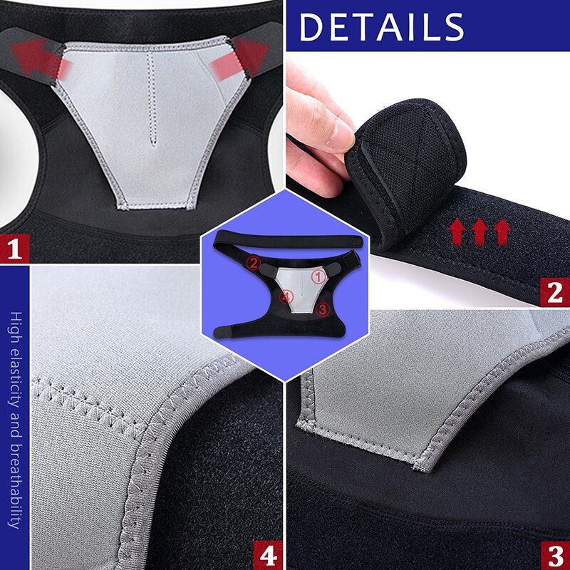 Neoprene Adjustable padded Shoulder Support Brace with Belt Band and back Strap 