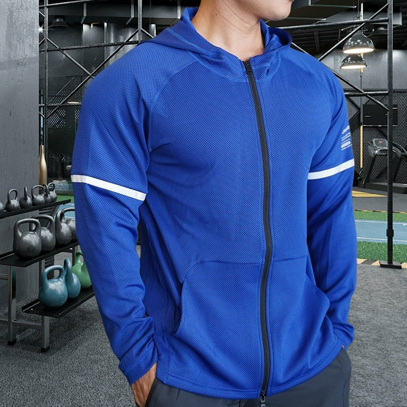 Acheter blue Hooded Fitness Jacket with Zipper and Pockets for Men and Women