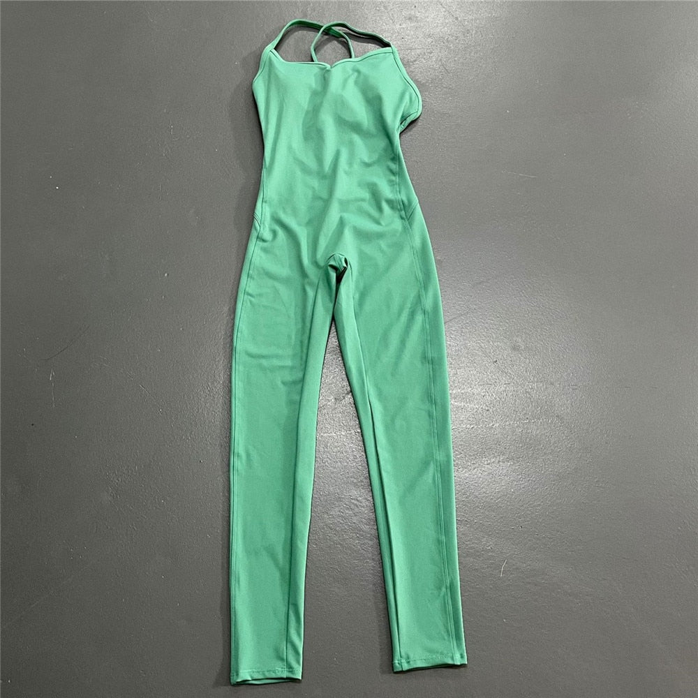 Buy green-long Athleisure  One Piece Backless Fitness Bodysuit / Jumpsuit