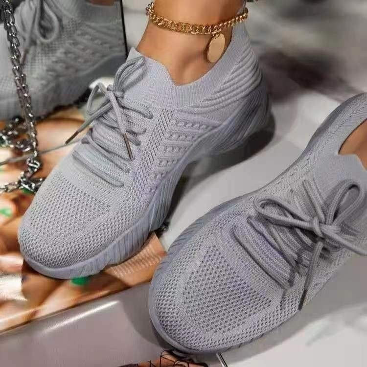 Buy gray Sneakers Shoes 2022 Fashion Lace Up Platform Shoes for Women&amp;#39;s Summer Plus Size Flat Mesh Sports Shoes Woman Vulcanize Shoes