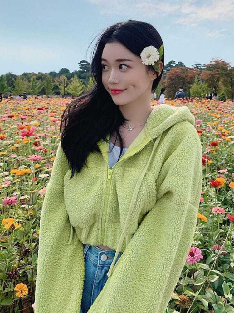 Deeptown Korean Fashion Lamb Wool Zip Up Short Hoodies for Women