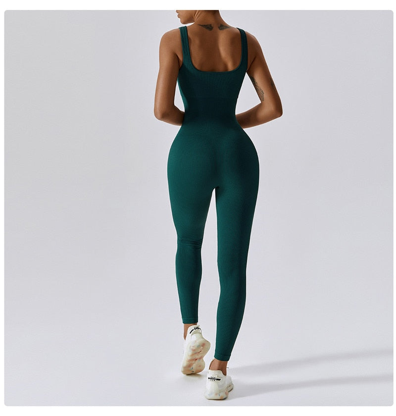 Solid Rib Bodysuit Tight Athletic Fitness & Yoga Backless Jumpsuit