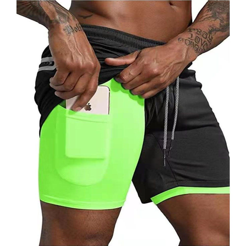 Buy black-green 2 in 1 Running double layer Shorts Quick Dry