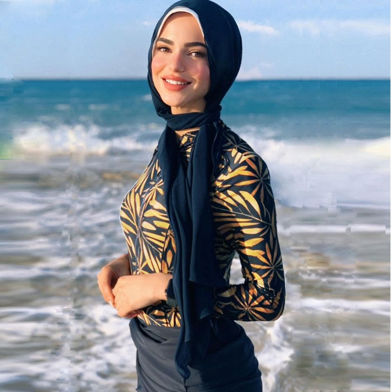 3pcs Modest Muslim Swimwear Patchwork Hijab Long Sleeves Sport Swimsuit