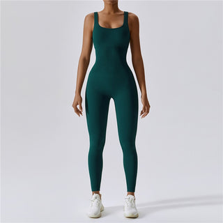 Buy dark-green Solid Rib Bodysuit Tight Athletic Fitness &amp; Yoga Backless Jumpsuit