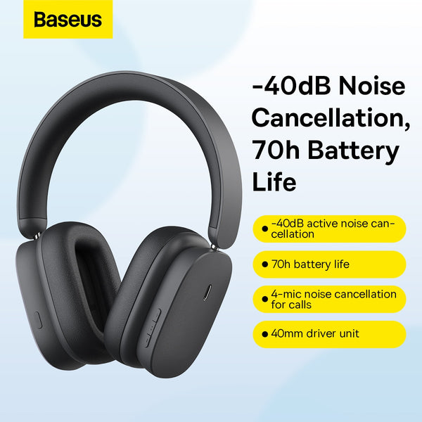 Baseus H1 Hybrid 40dB ANC Wireless Headphones with 4-mics and 70H battery Time