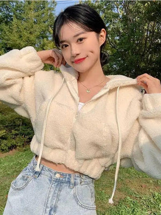 Deeptown Korean Fashion Lamb Wool Zip Up Short Hoodies for Women 