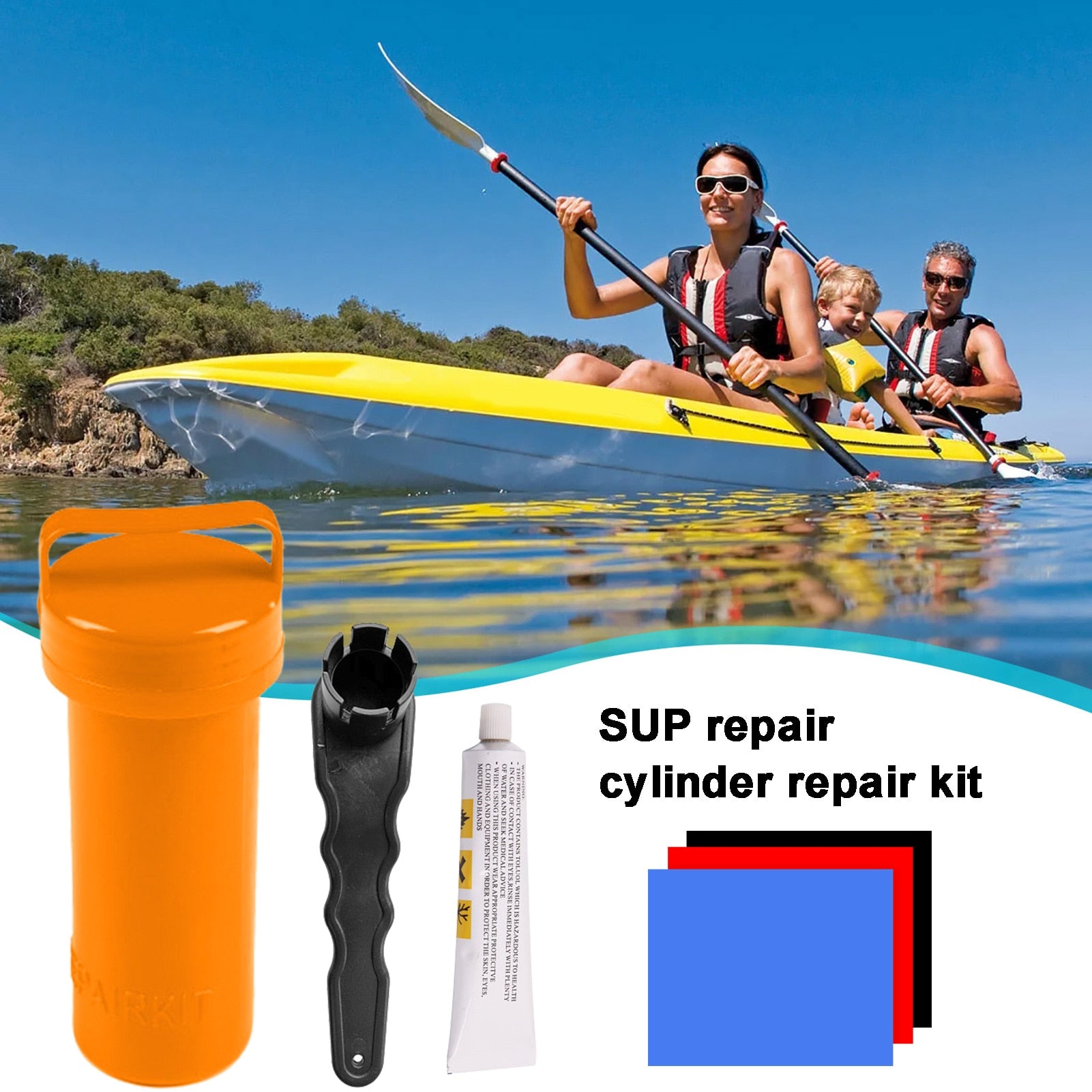 Inflatable Boat Repair Kit with PVC Patches Glue Wrench and Storage Bucket 
