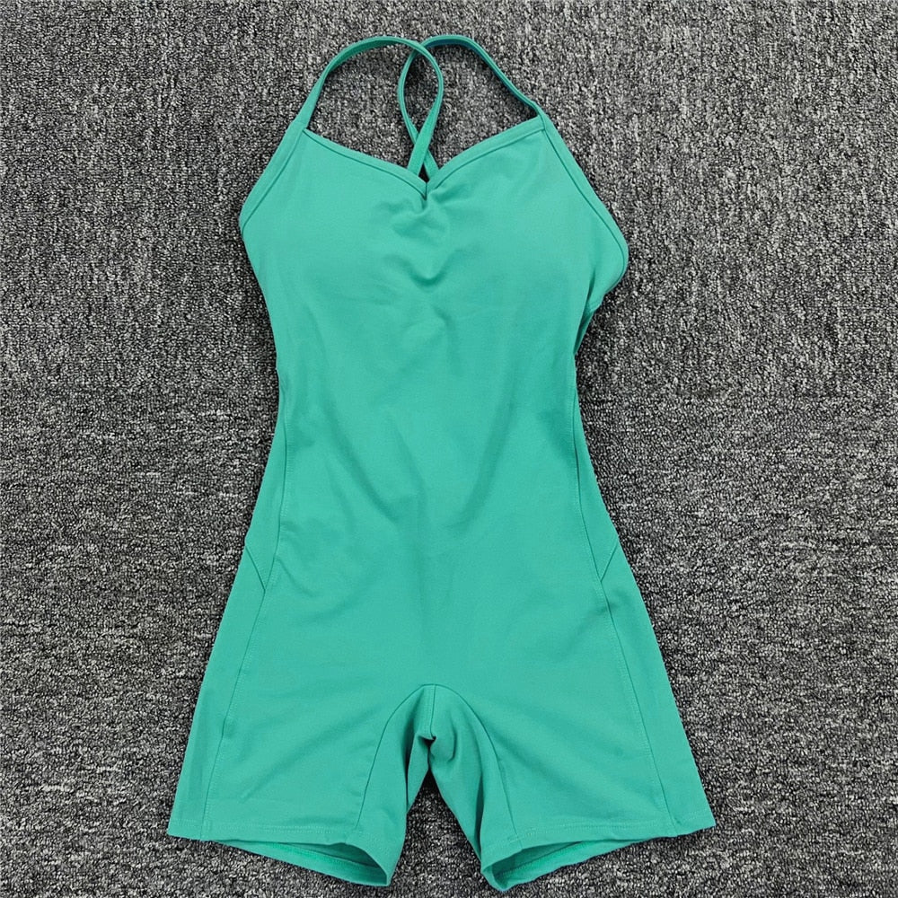 Buy green-short Athleisure  One Piece Backless Fitness Bodysuit / Jumpsuit