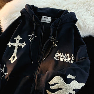 Compra black Retro Harajuku Gothic Embroidery Hoodie for  Women