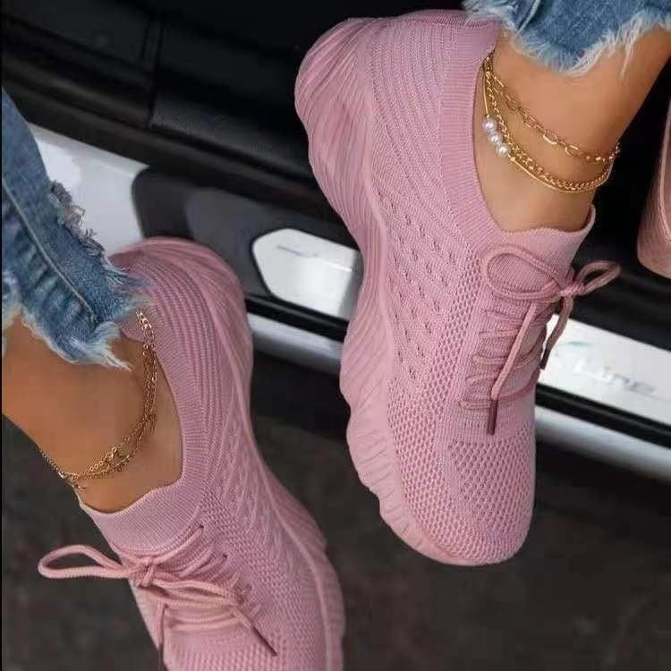 Buy pink Sneakers Shoes 2022 Fashion Lace Up Platform Shoes for Women&amp;#39;s Summer Plus Size Flat Mesh Sports Shoes Woman Vulcanize Shoes