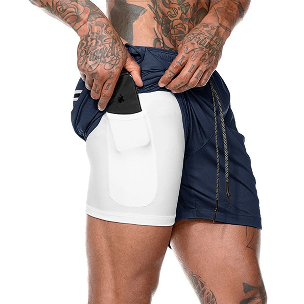 Buy navy-blue 2 in 1 Running double layer Shorts Quick Dry