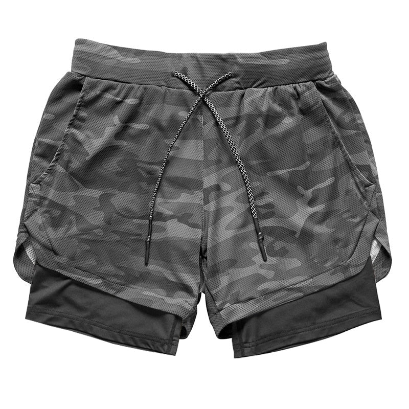Buy gray-camo-with-black Camo Running Shorts 2 In 1 Double-deck Gym shorts for Men Quick Dry